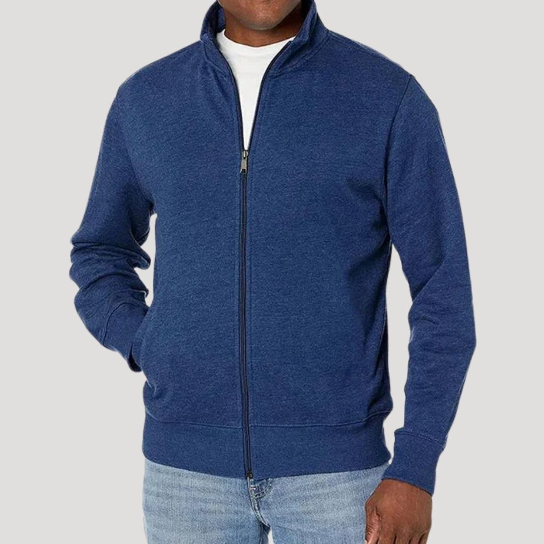 Men's lightweight spring zip-up casual jacket in neutral tone, slim modern cut with full front zipper