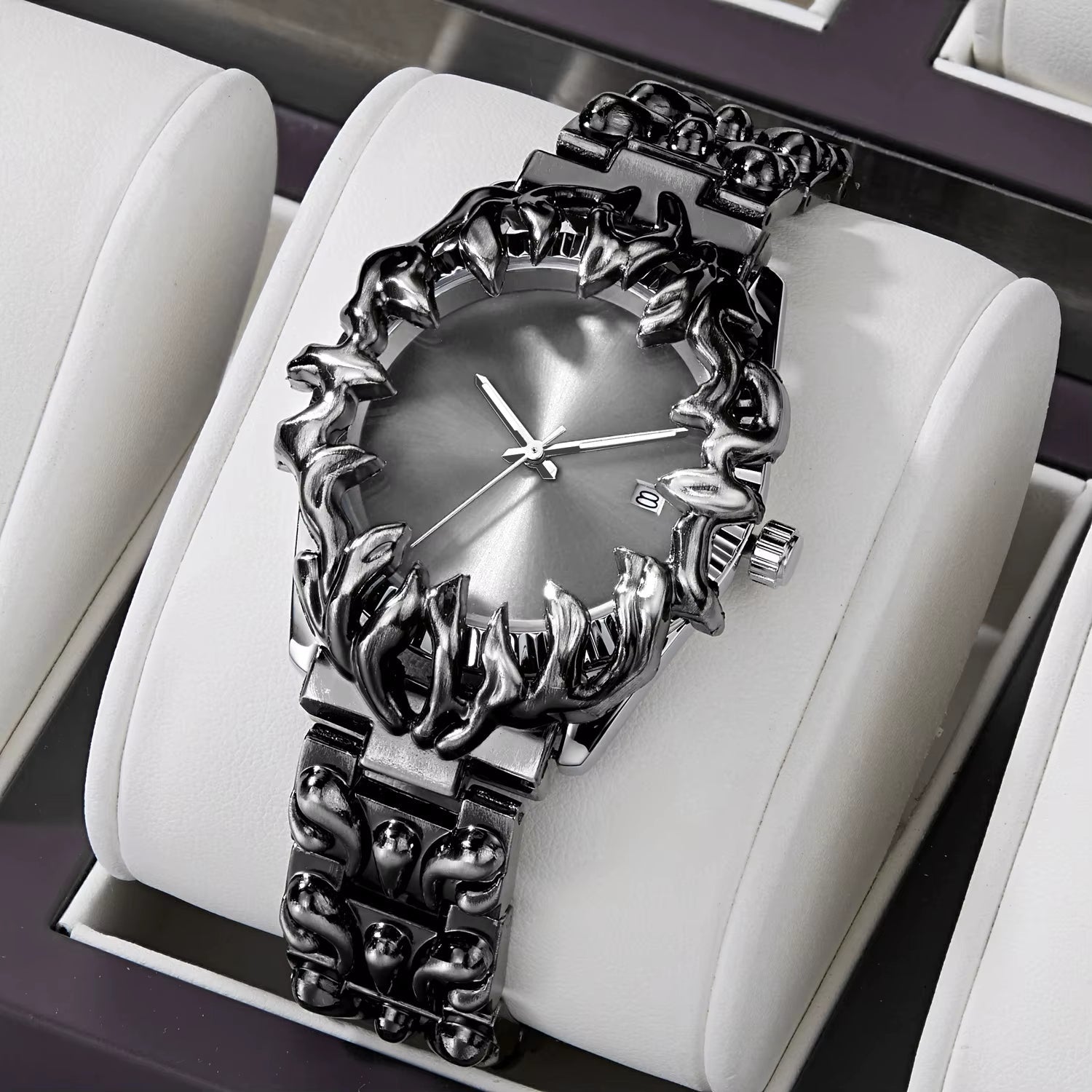 Men's stainless steel watch sculpted flame bezel gradient sunburst dial luminous hands date display