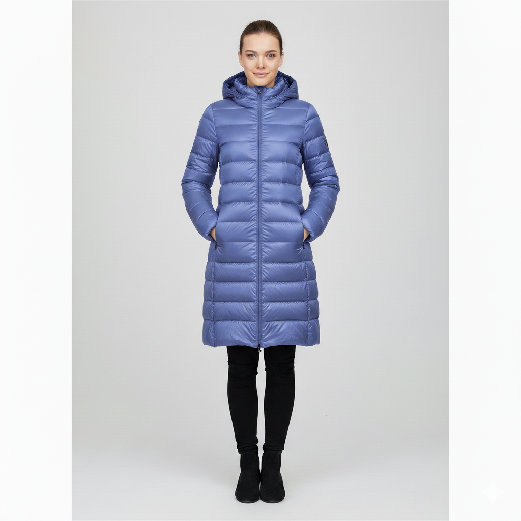 Women's slim-fit lightweight puffer jacket with detachable hood, mid-length cut for winter warmth