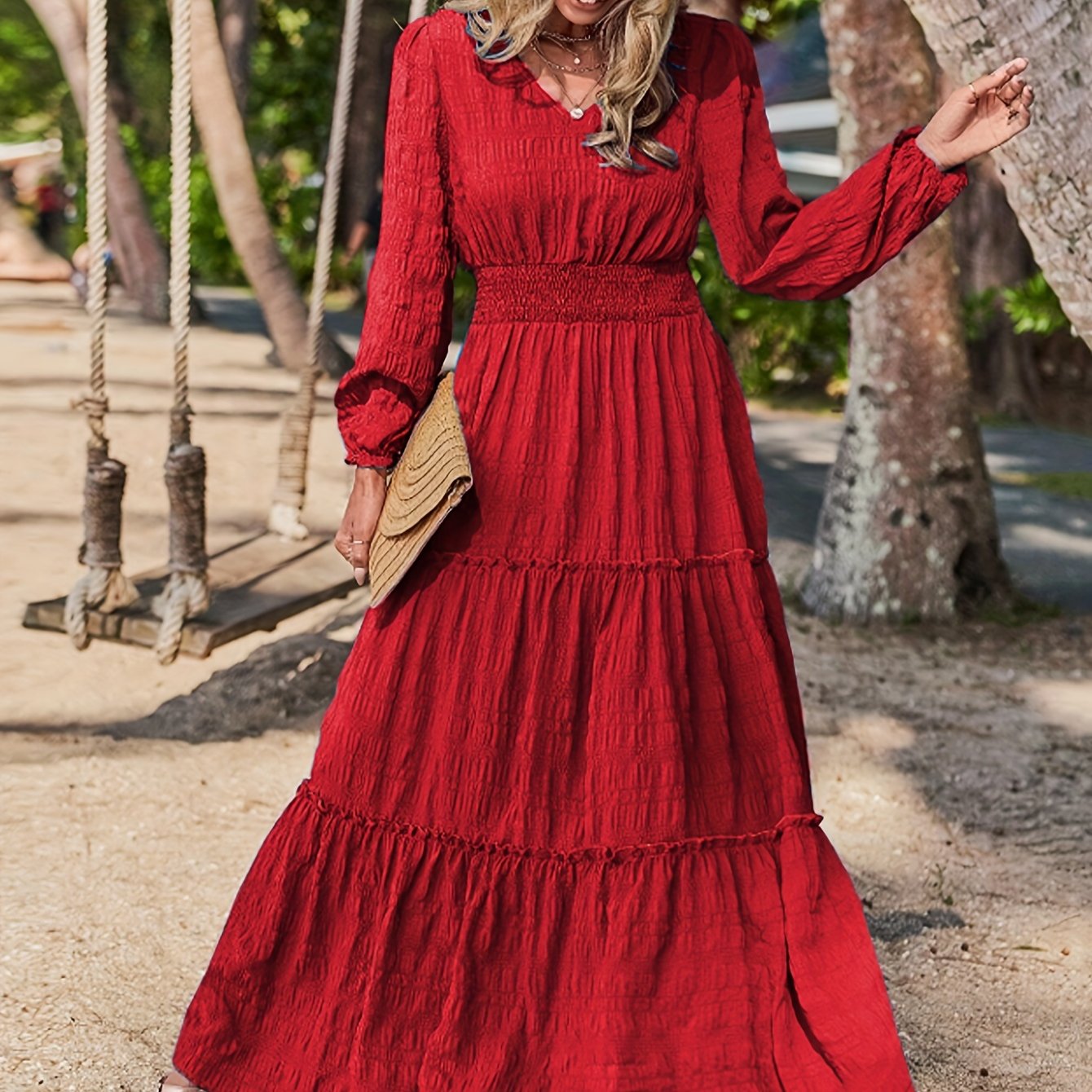 Women's loose-fit long sleeve maxi dress with tiered hem and flattering gathered waist
