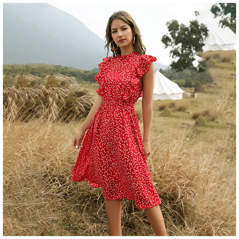 Women's long bohemian red dress with fluid silhouette and romantic delicate details for elegant all-day wear