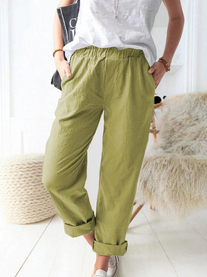 Unisex beige linen trousers relaxed fit elastic waistband breathable casual style