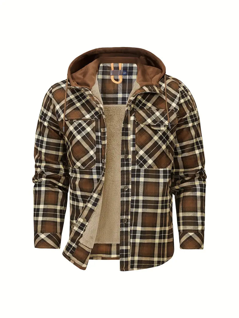 Unisex hooded checked jacket with cozy fleece lining, versatile outdoor coat in classic plaid design