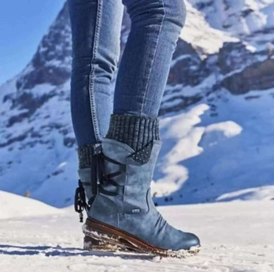 Women's purple leather insulated ankle boots with cozy knit trim detail for winter