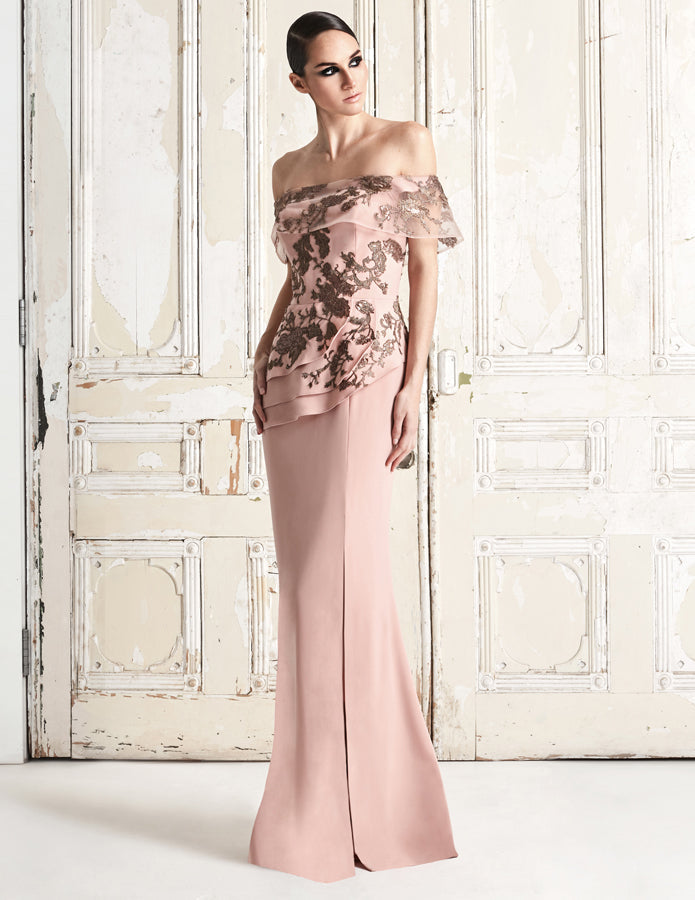 Alexander by Daymor 773 off-shoulder embroidered bodice tiered peplum formal evening gown sheath silhouette