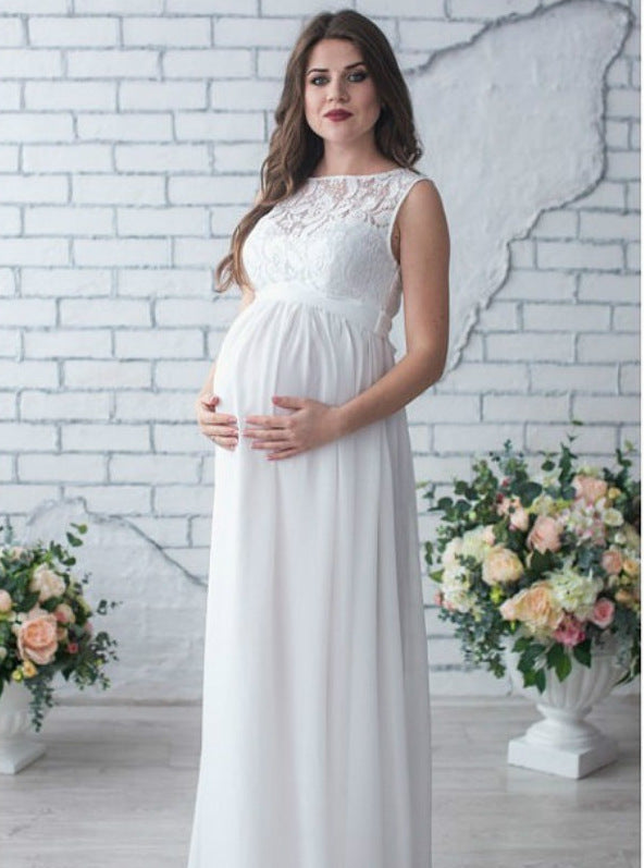 Ivory maternity maxi dress lace bodice empire waist flowing skirt baby shower photoshoot