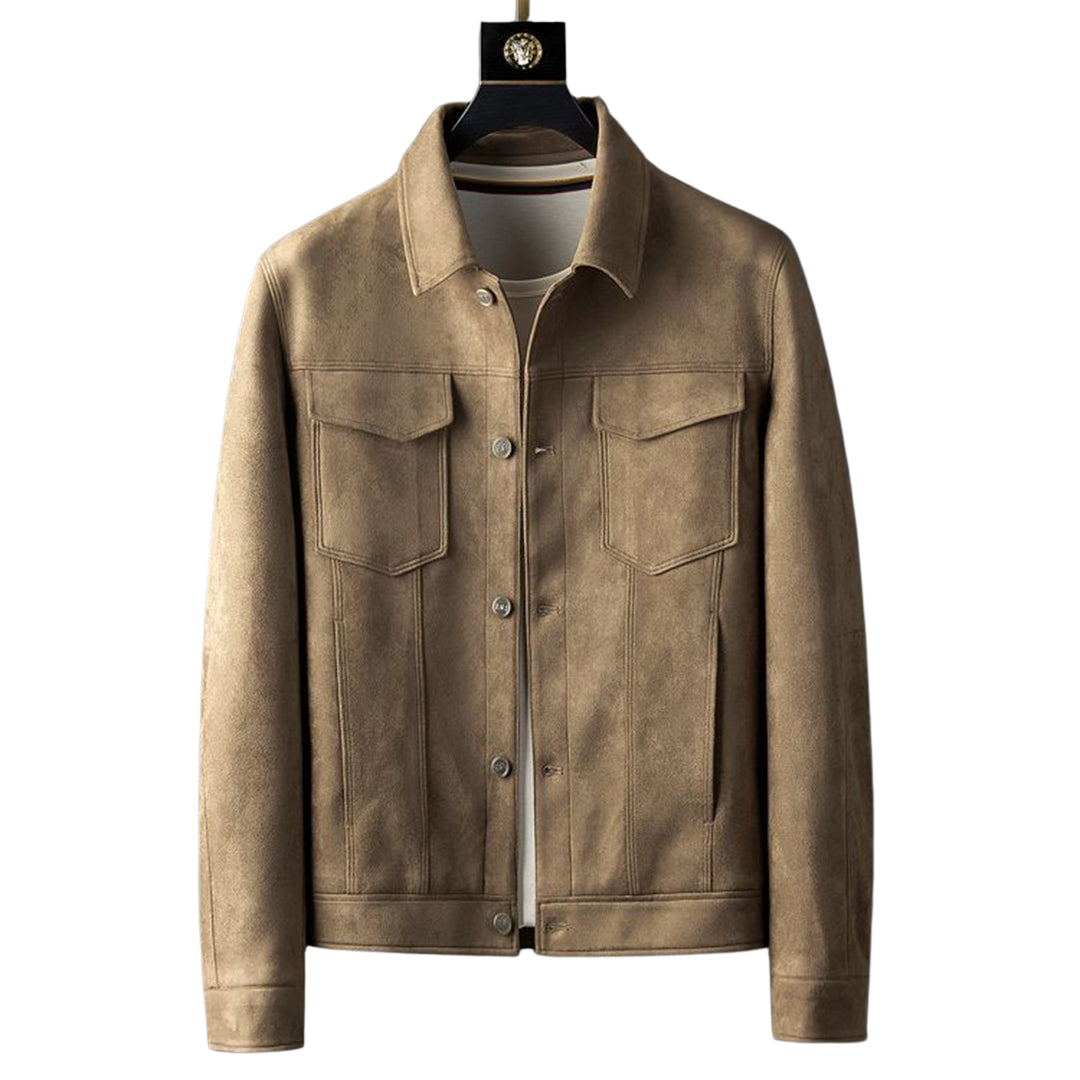 Men's brown suede jacket slim tailored cut with premium texture for versatile all-season wear