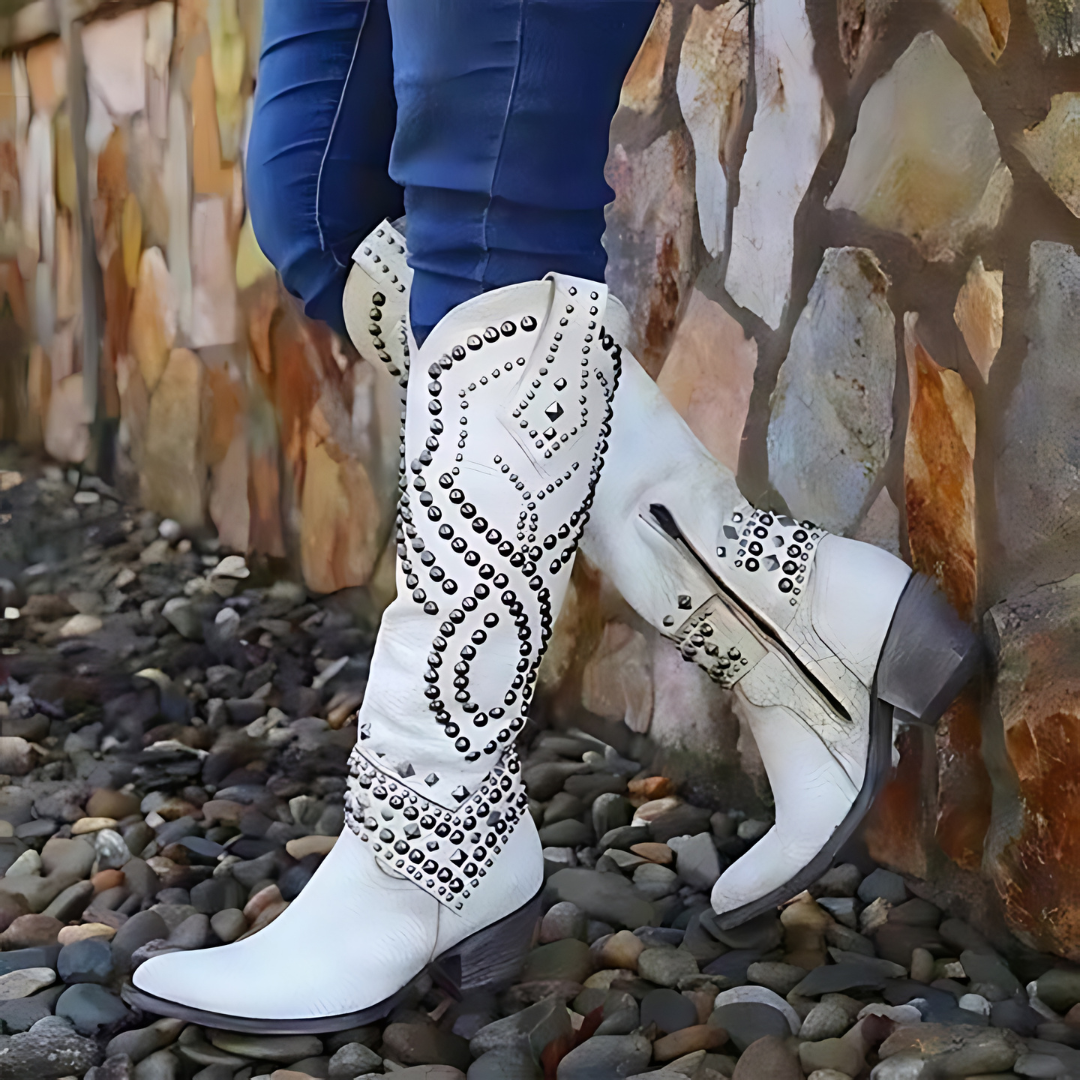 Women's western cowboy boots with bold studded decor and patterned stitching for everyday style
