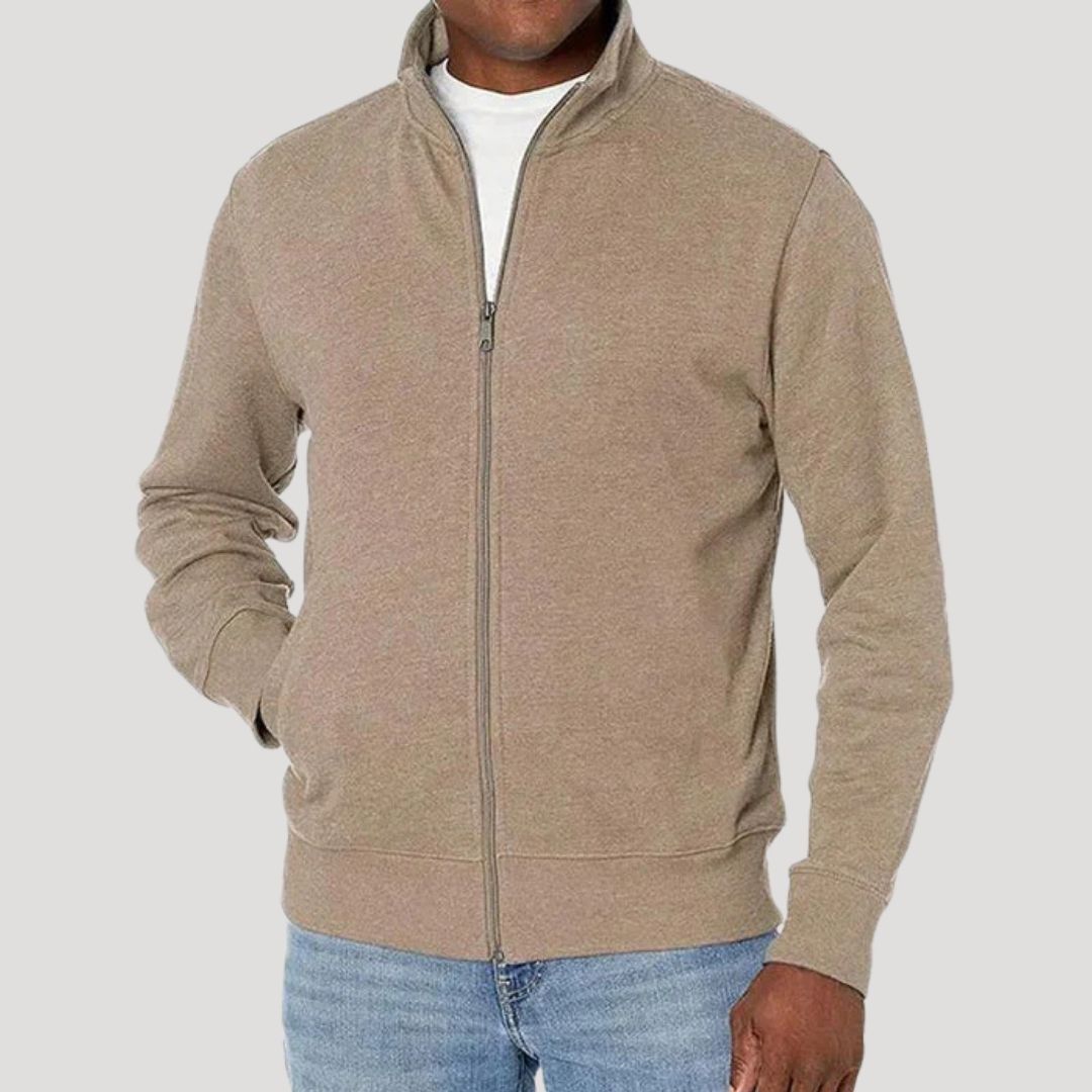 Men's lightweight spring zip-up casual jacket in neutral tone, modern slim fit for easy everyday layering