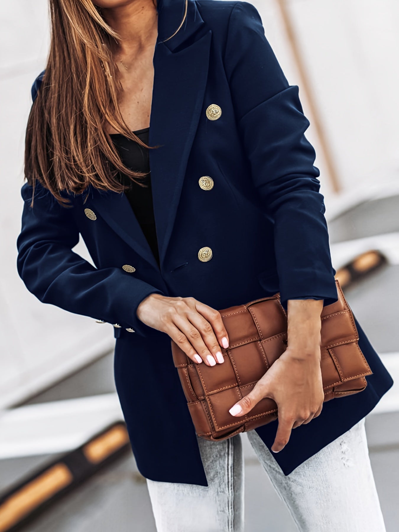 Women's double-breasted blazer with gold-toned buttons, tailored silhouette for polished casual workwear