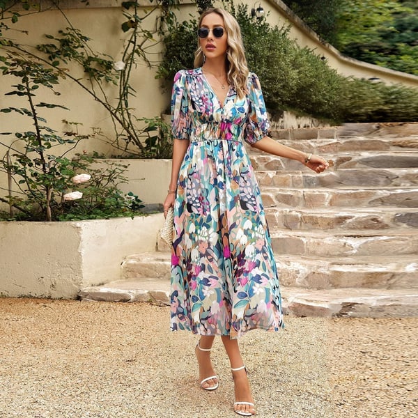 Women's Beatrix printed V-neck maxi dress soft stretchy cotton flattering silhouette elegant summer fit