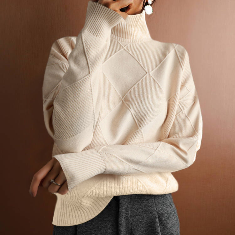 Women's loose turtleneck sweater thick lozenge knit long sleeve cozy winter top