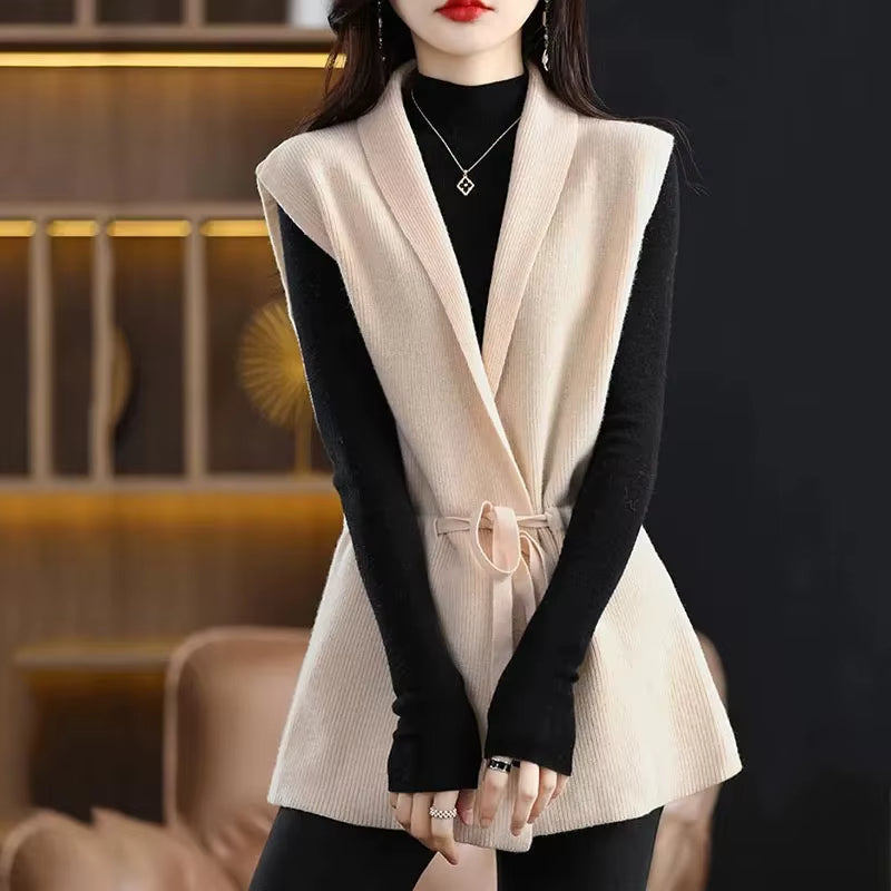 Women's merino wool vest, open-front sleeveless cardigan with tie waist, lightweight luxurious layering