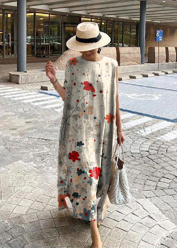 Bohemian linen-cotton blend dress with round neck, side slit, relaxed one-size fit in neutral tone