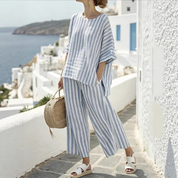 Women's striped batwing sleeve T-shirt and straight pants set, chic relaxed fit summer co-ord
