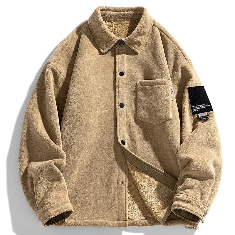 Men's oversized fleece-lined shacket relaxed collared fit warm casual layering jacket