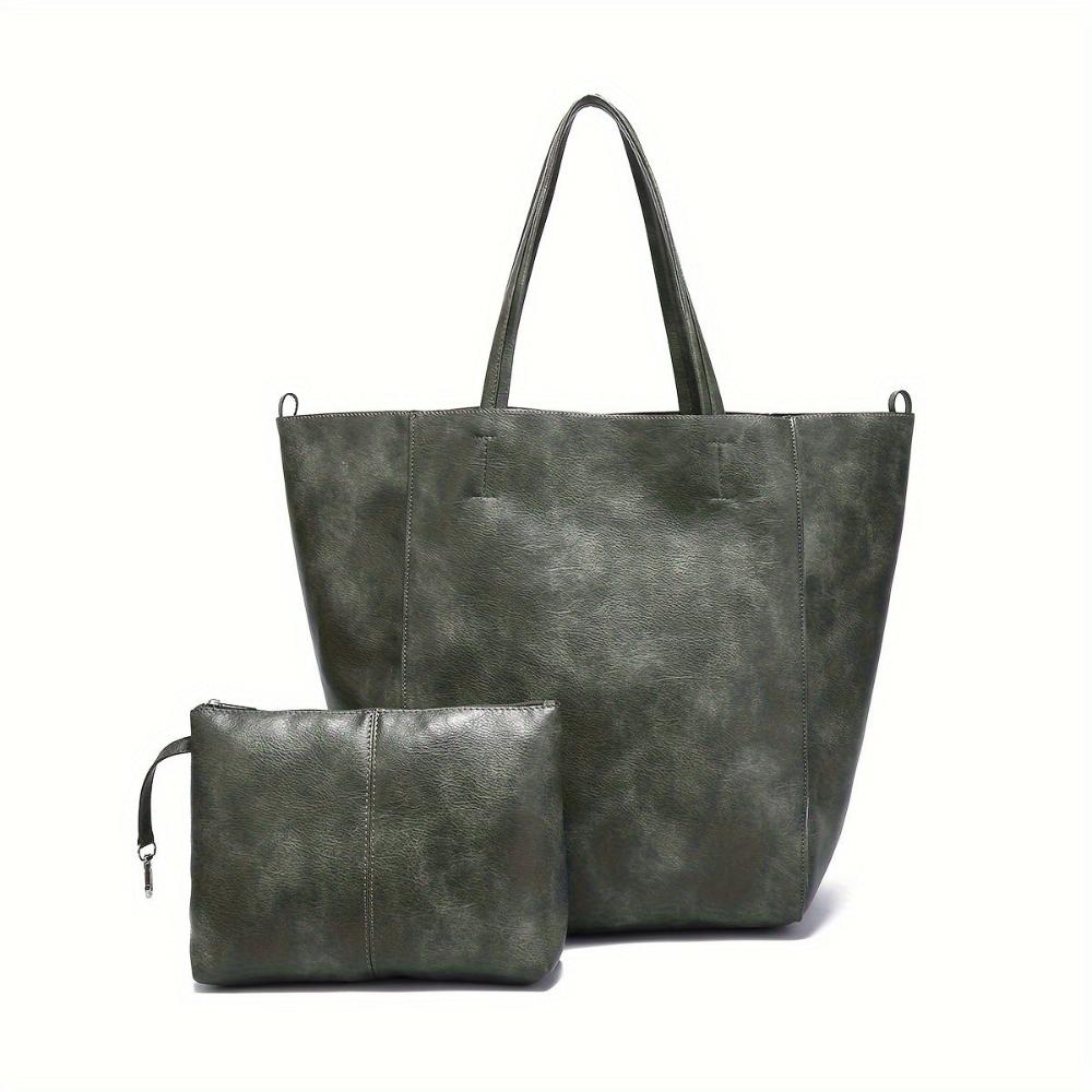 Heather vegan leather tote bag with detachable pouch and dual handles, chic everyday carryall