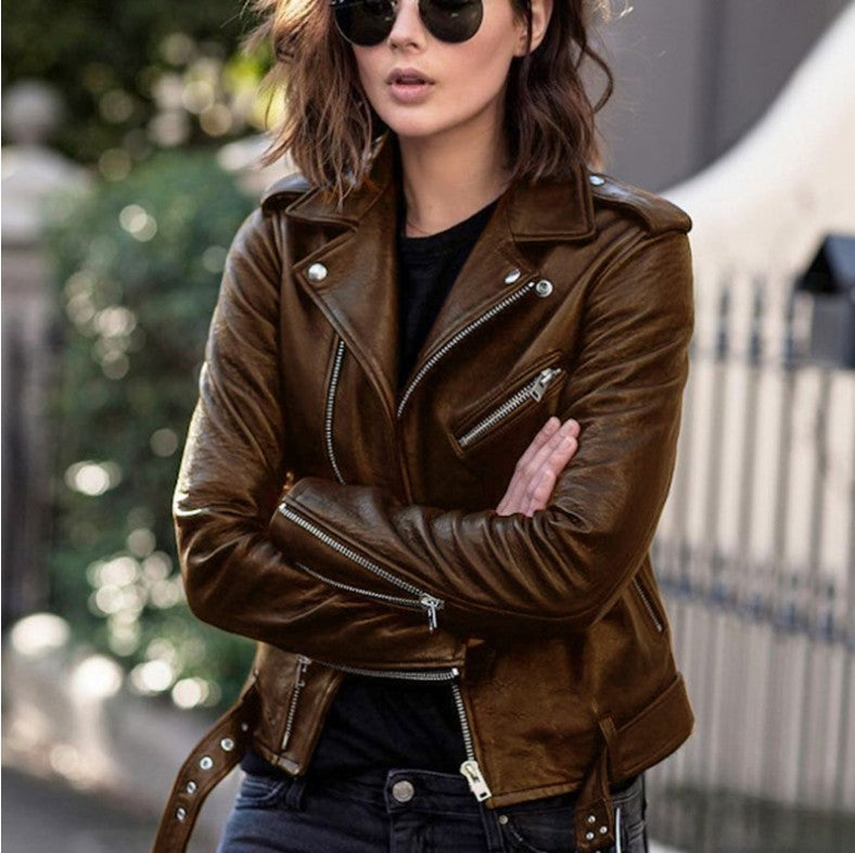 Women's black biker jacket fitted silhouette with zip closures and bold moto-inspired city style