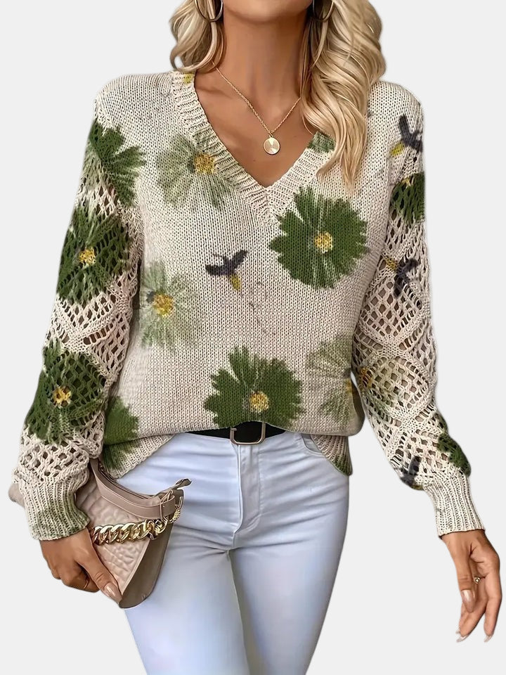 Women's colorful floral v-neck knit sweater lightweight relaxed fit with airy crochet sleeves