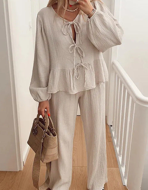 Women white cotton two-piece set lace-up top matching pants relaxed fit spring summer casual