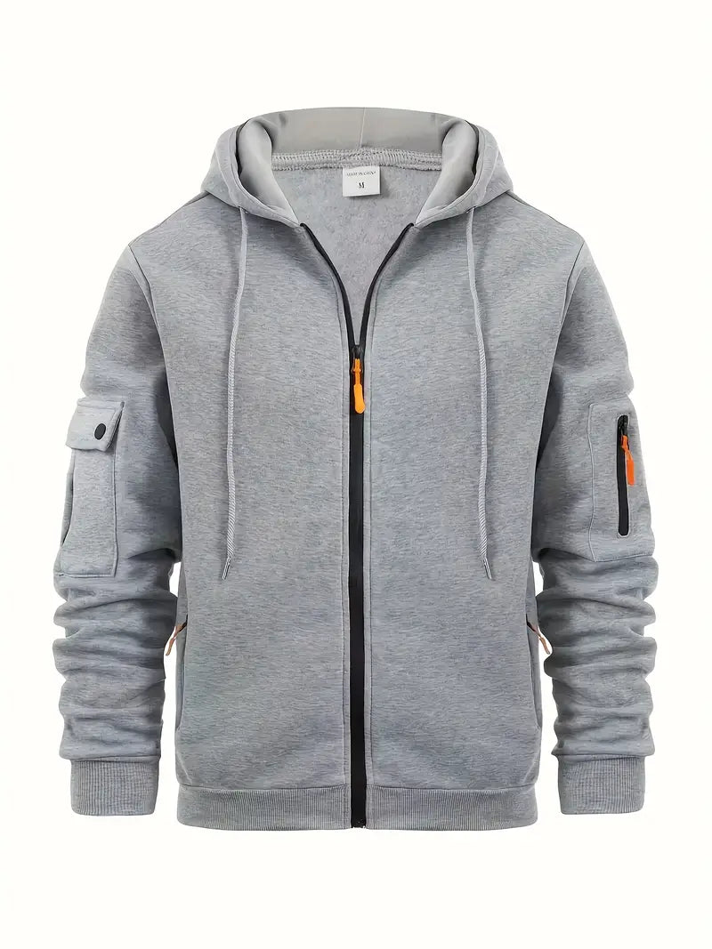 Men's gray zip-up hoodie with full-length zipper and multi-pocket design for everyday wear