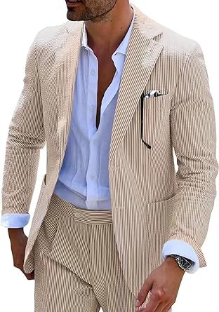 Men's light blue seersucker two-piece suit slim-fit jacket and trousers with textured stripe pattern