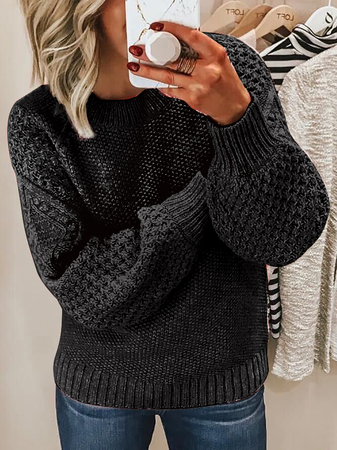 Women's loose jacquard knit crew neck sweater in cozy thick knit for casual fall winter style