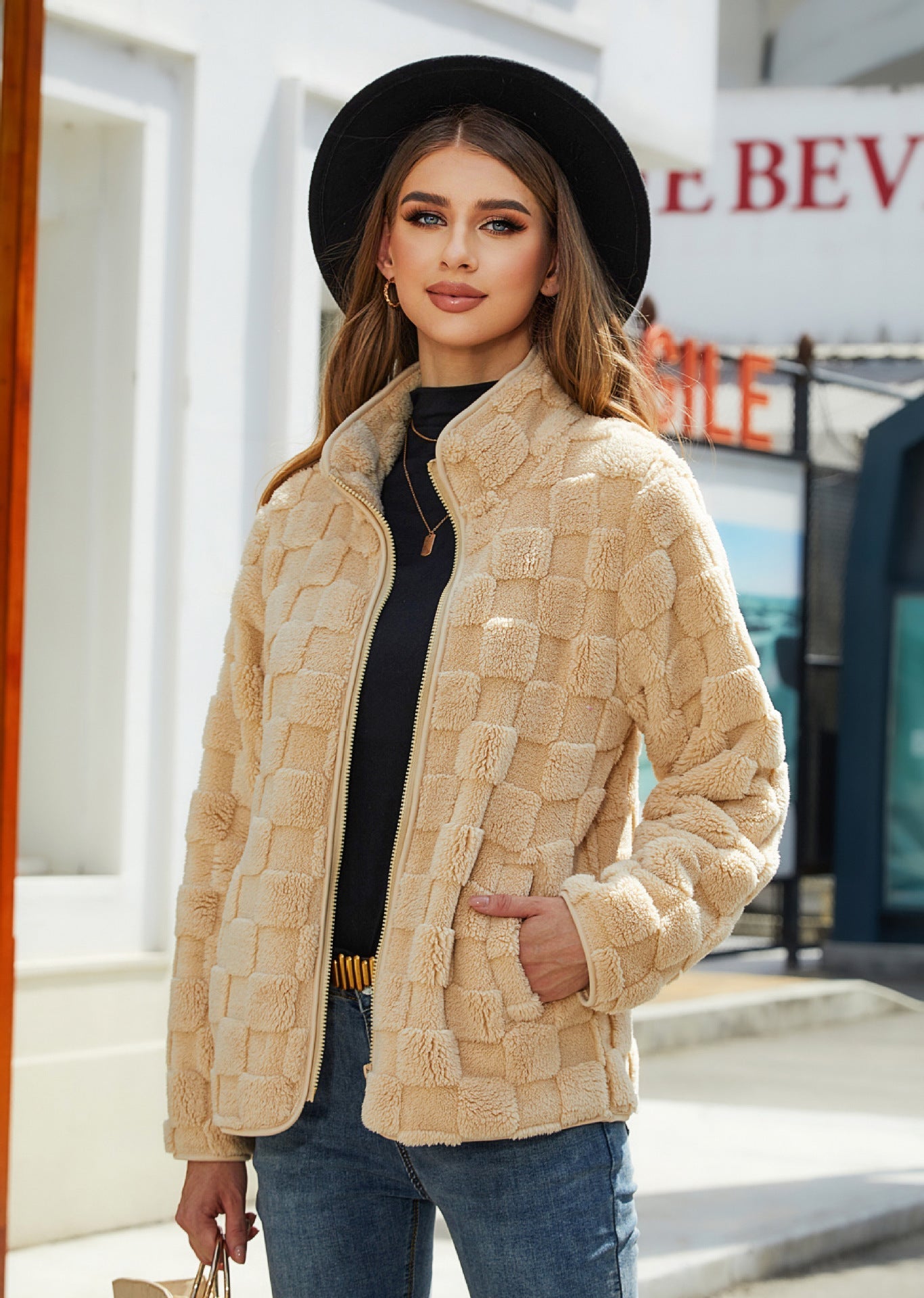 Women's cozy plaid fleece zip-front jacket with high collar, relaxed fit for winter warmth