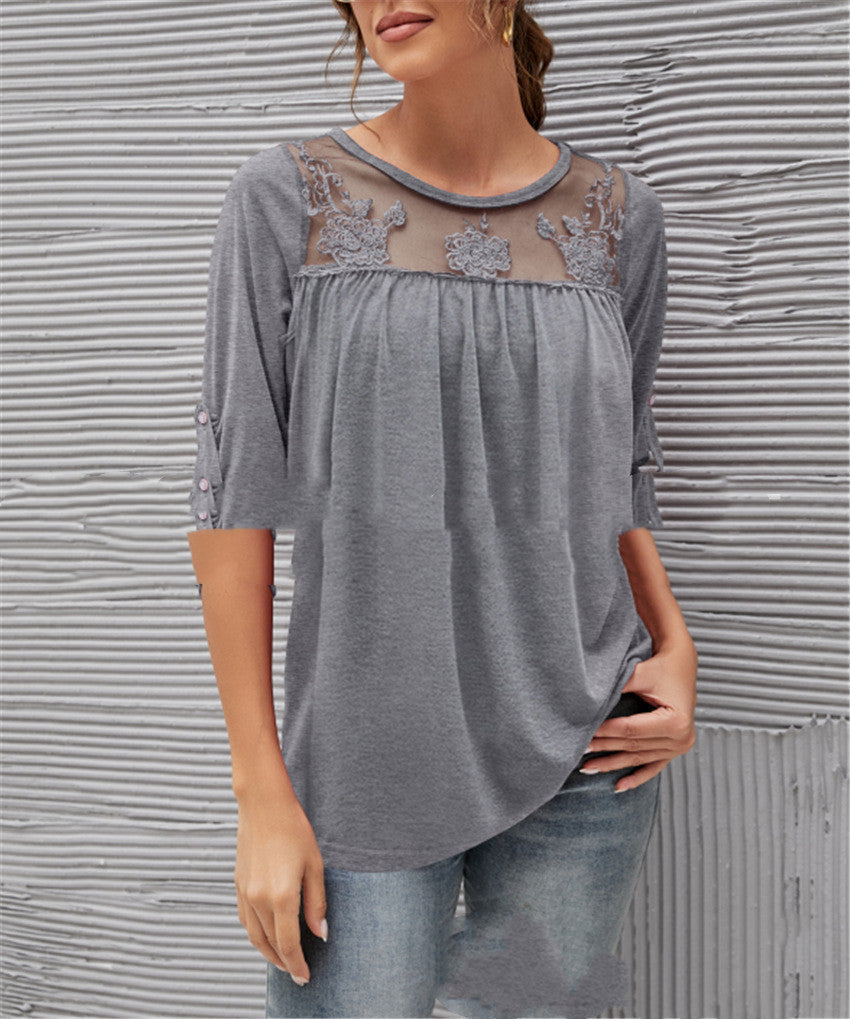White women's lace blouse with pleated details, elegant everyday style for brunch and office