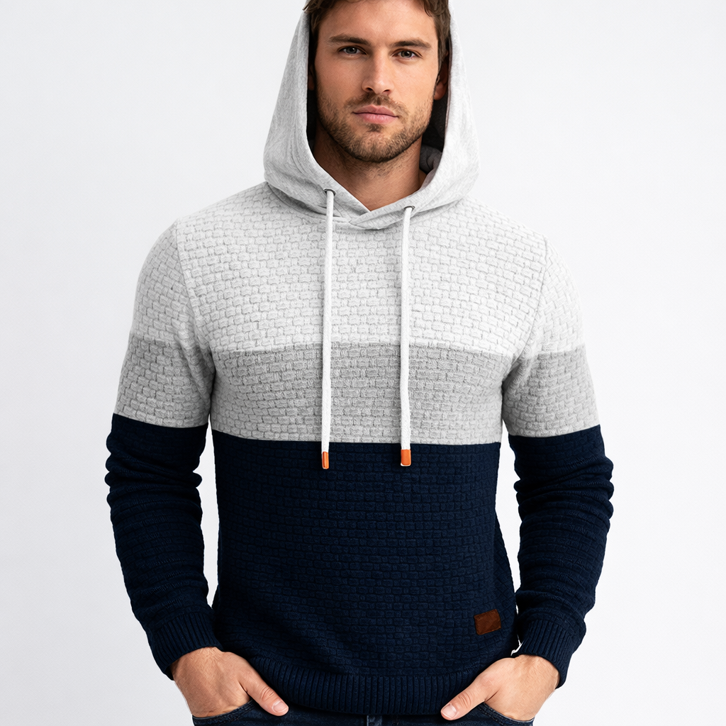 Men's color block textured knit pullover hoodie regular fit with drawstring hood and ribbed cuffs