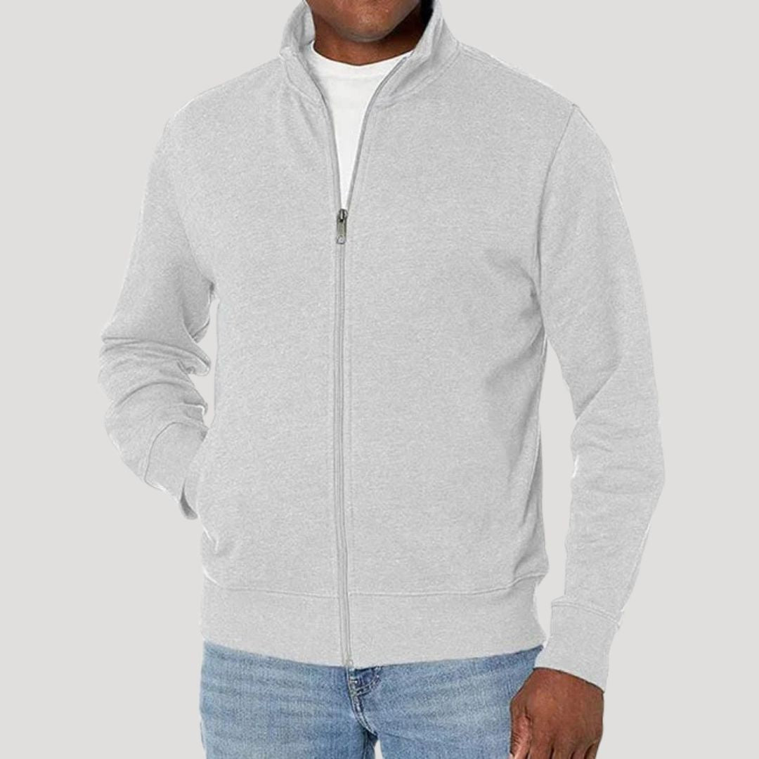 Men's lightweight spring zip-up casual jacket in neutral tone, modern slim fit with full front zipper
