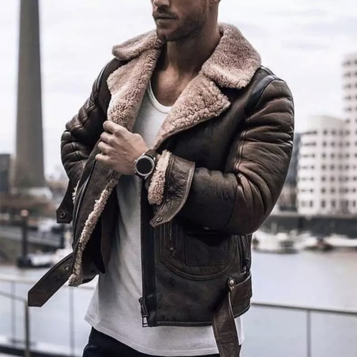 Men's vintage aviator bomber jacket with lined collar, urban winter style in classic warm tones