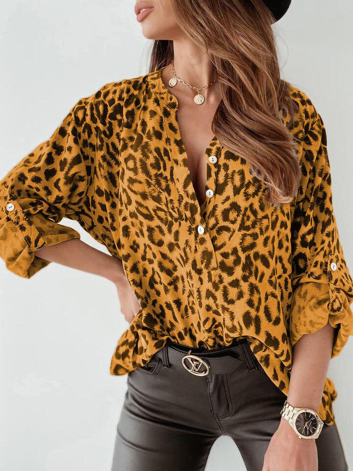 Women's leopard print linen blouse bold elegant relaxed fit all-day comfort statement top