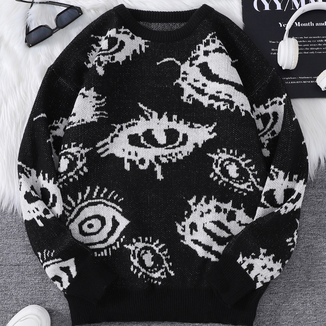 Beige lightweight round-neck jacquard knit sweater with abstract eye pattern for casual everyday wear
