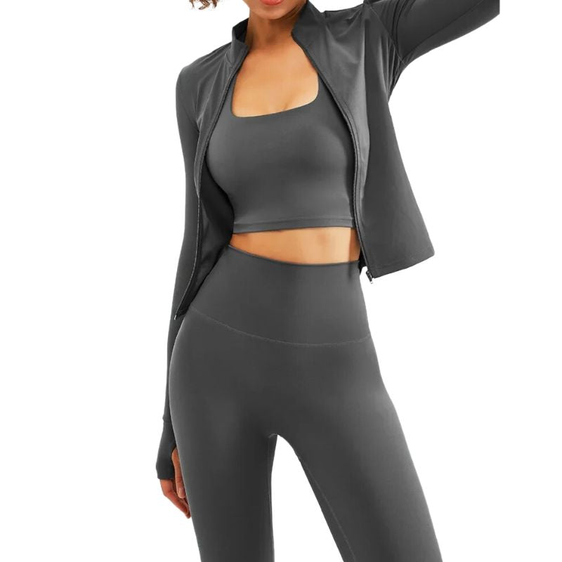 Three-piece yoga set breathable second-skin fabric high-waist sculpting fit for active women