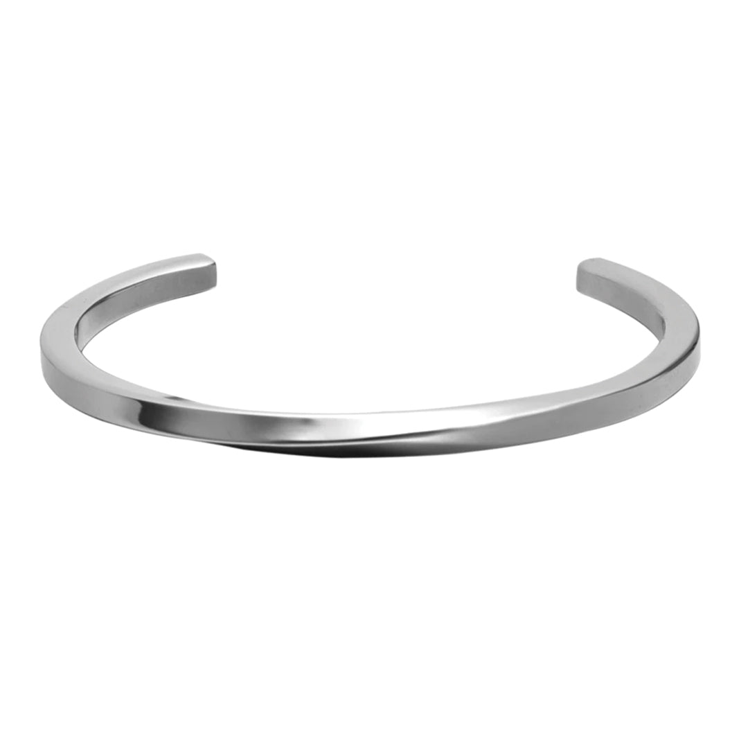 Polished 316L stainless steel bangle bracelet with subtle twist, minimalist 4mm design, waterproof tarnish resistant