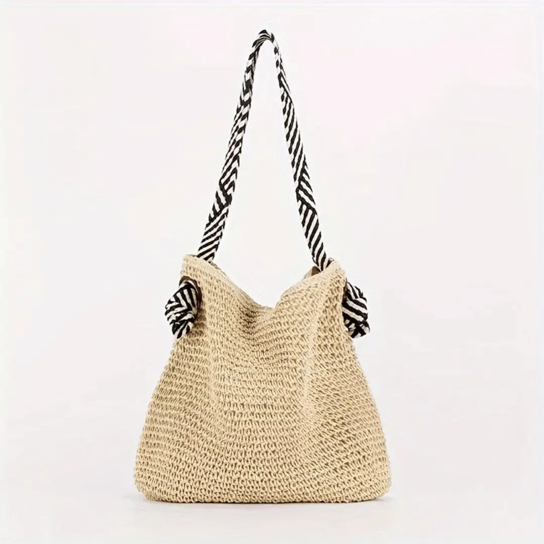Caitlyn handwoven bohemian tote bag natural knit spacious interior magnetic closure contrast straps