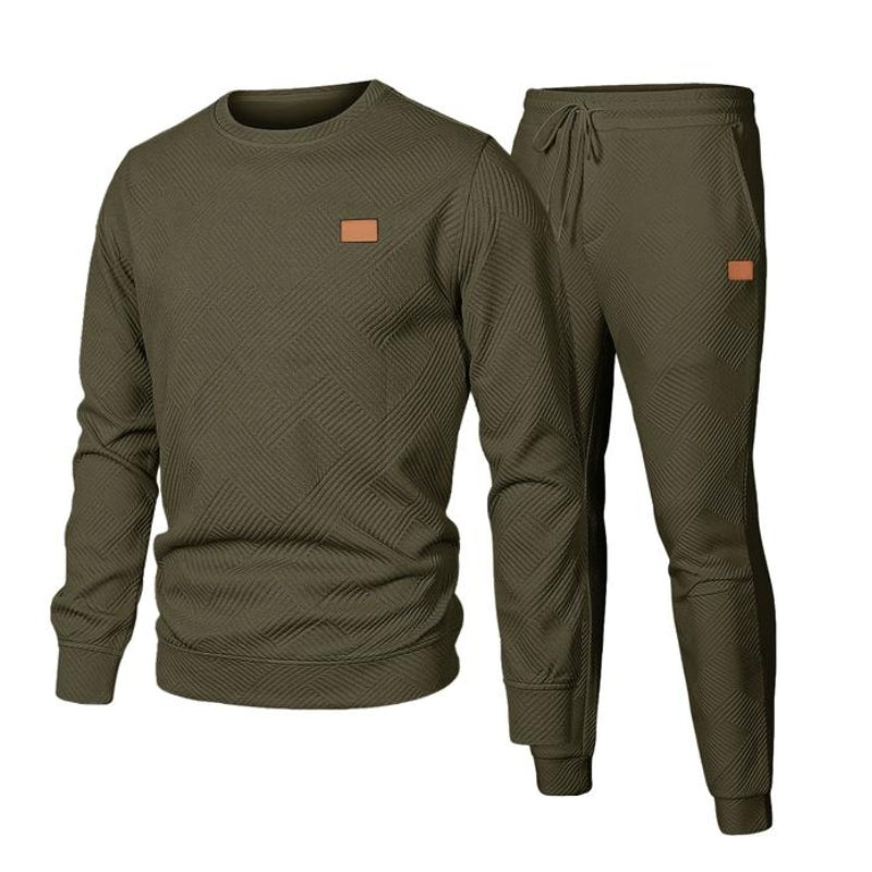 Men's gray jacquard two-piece sweatsuit set with diagonal weave texture and matching top and bottom
