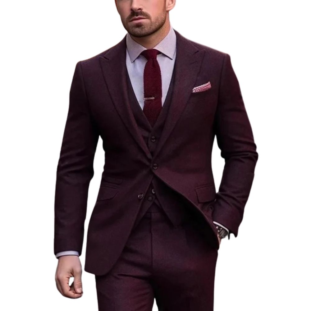 Men's slim fit three-piece formal suit in classic tones, sharp tailored silhouette for weddings and business