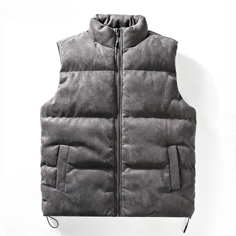 Camel faux suede unisex vest relaxed fit high collar cozy fleece lining sleeveless layering piece