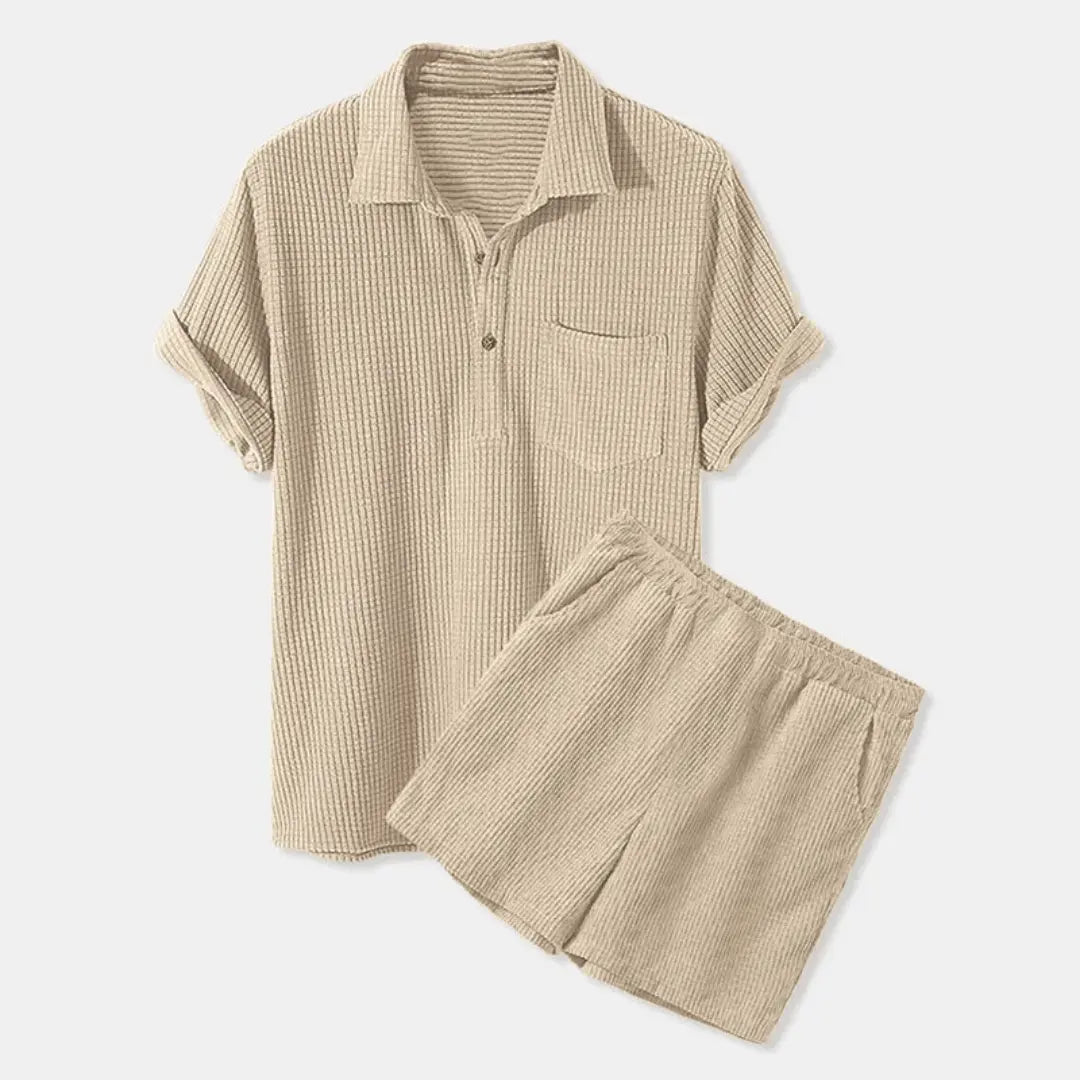 Men's brown corduroy retro casual set with button-up shirt featuring a chest pocket, limited edition