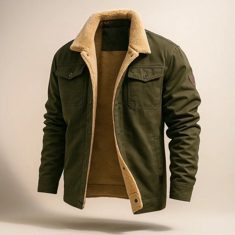 Brown sherpa lined windproof cotton jacket with multi-pocket design for outdoor cold-weather adventures