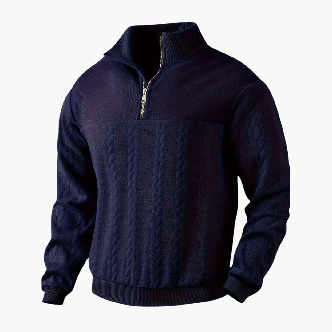 Men's navy half-zip pullover relaxed fit cozy fleece collar modern everyday casual style