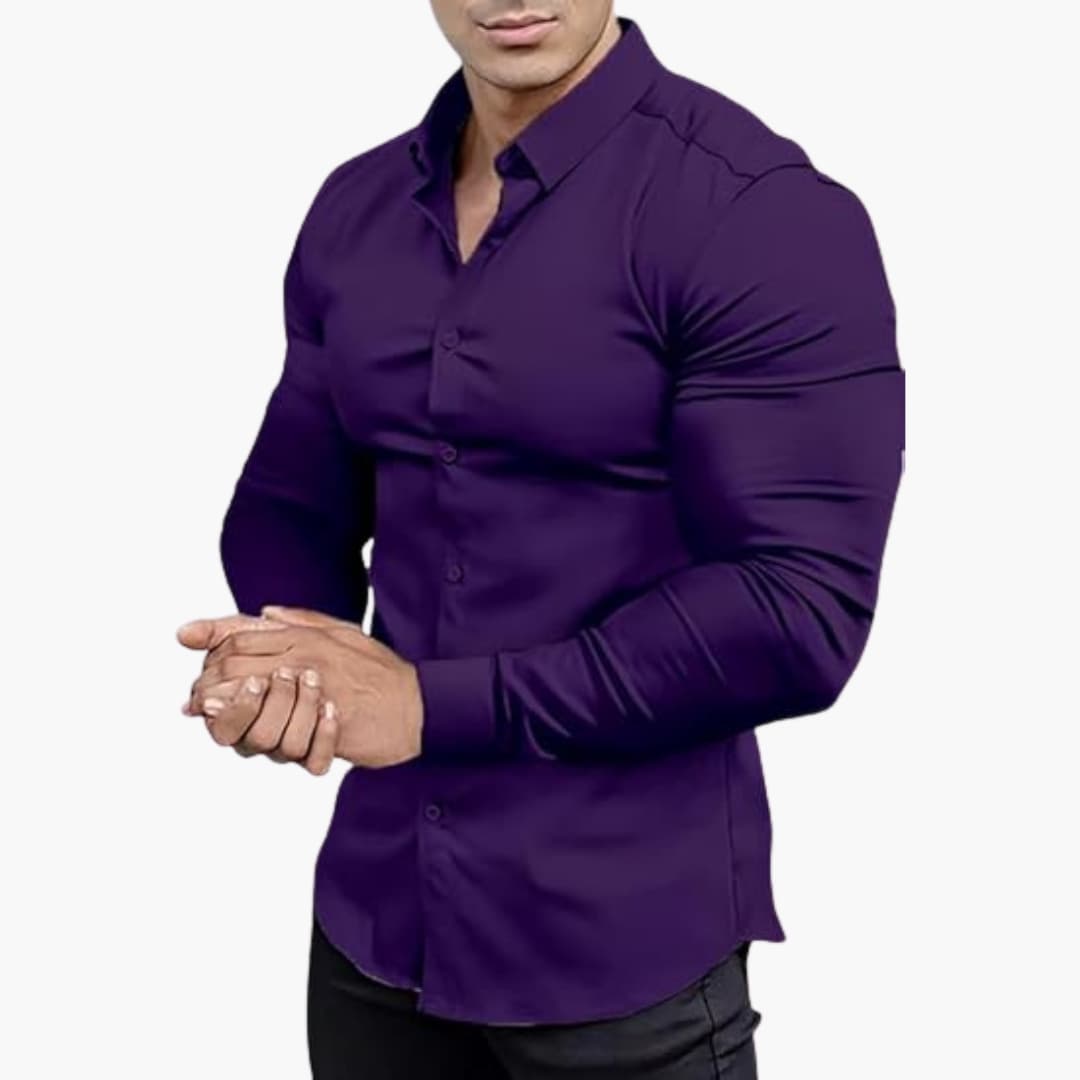 Men's slim fit dress shirt versatile office casual wear structured silhouette polished professional look