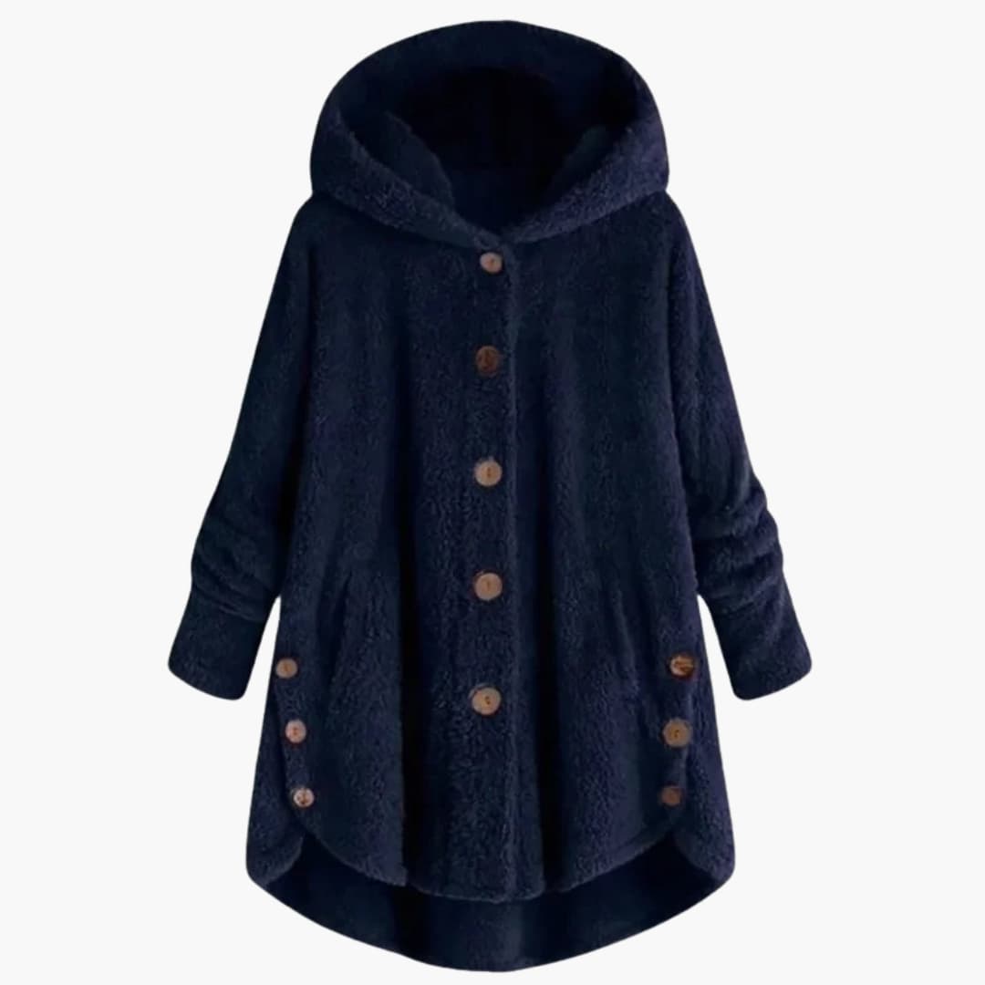 Women's hooded jacket button closure rounded hem everyday casual warm versatile layering piece