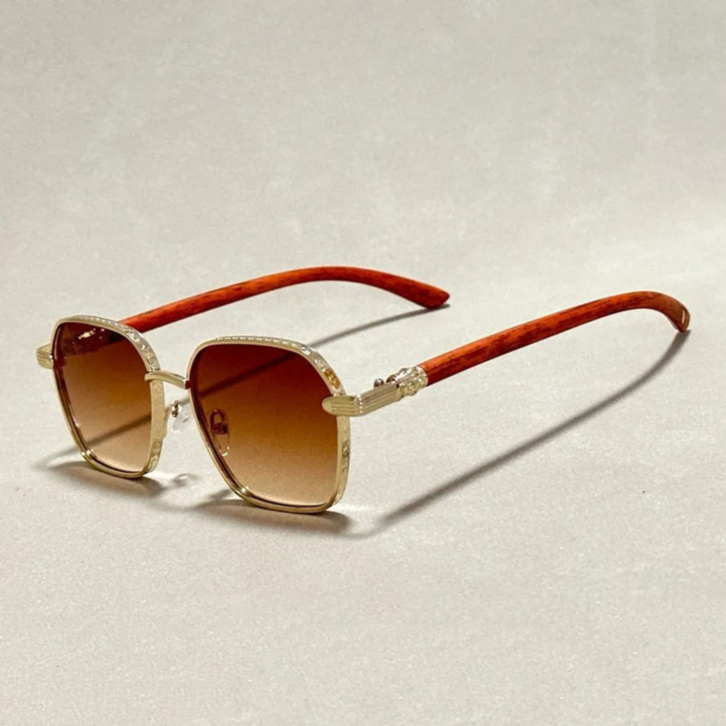 Ember square unisex sunglasses retro style wood temples gold accents UV400 gradient lenses