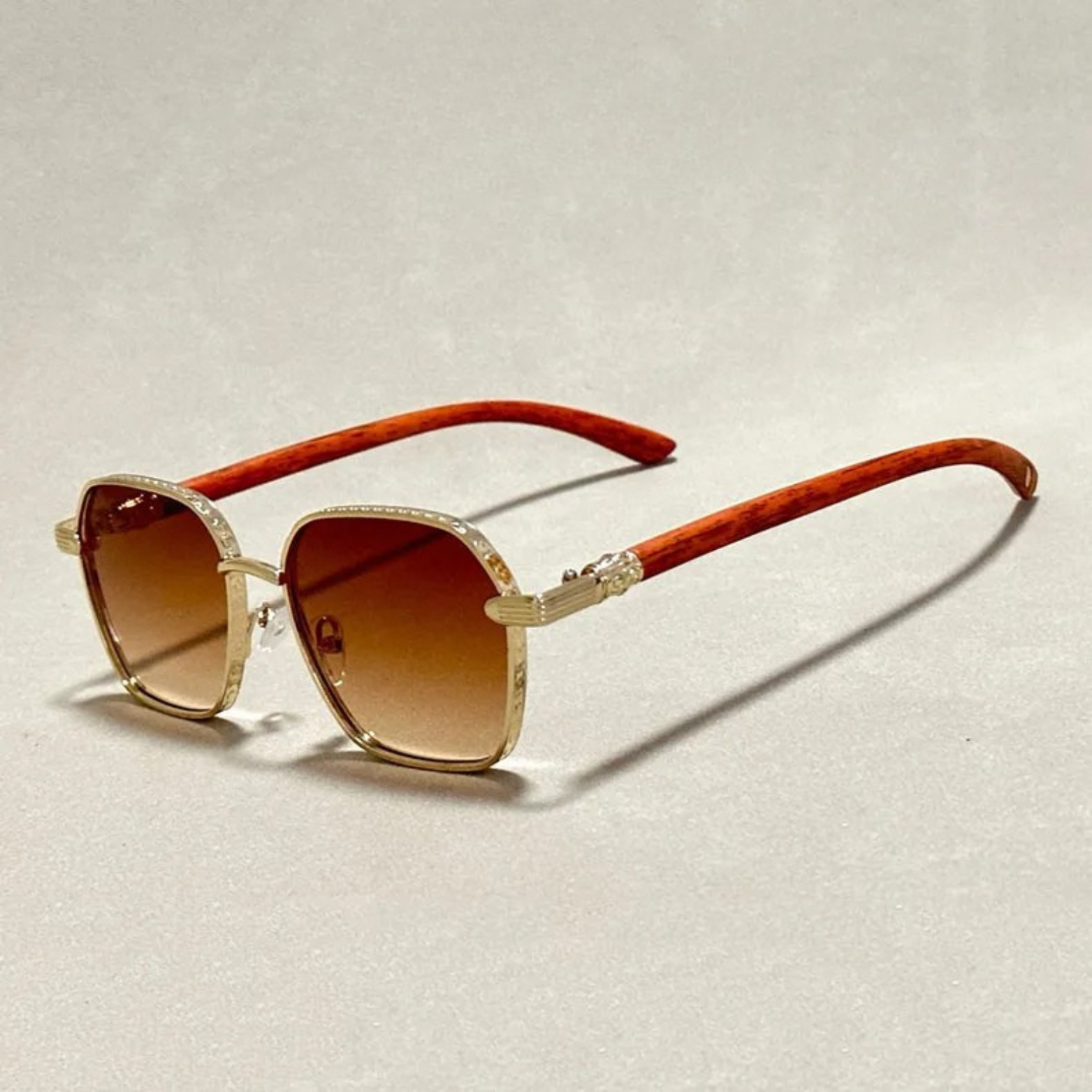 Ember square unisex sunglasses retro style wood temples gold accents UV400 gradient lenses