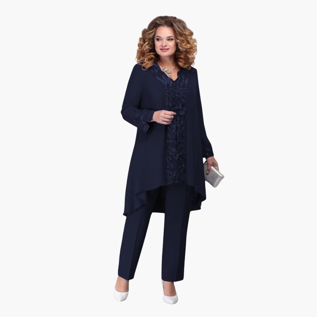 Women's elegant 3-piece embroidered lace jacket suit set with tailored pants and short-sleeve blouse