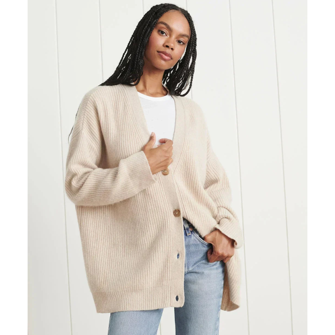 Women's long ribbed knit cardigan relaxed fit V-neck button closure versatile layering essential