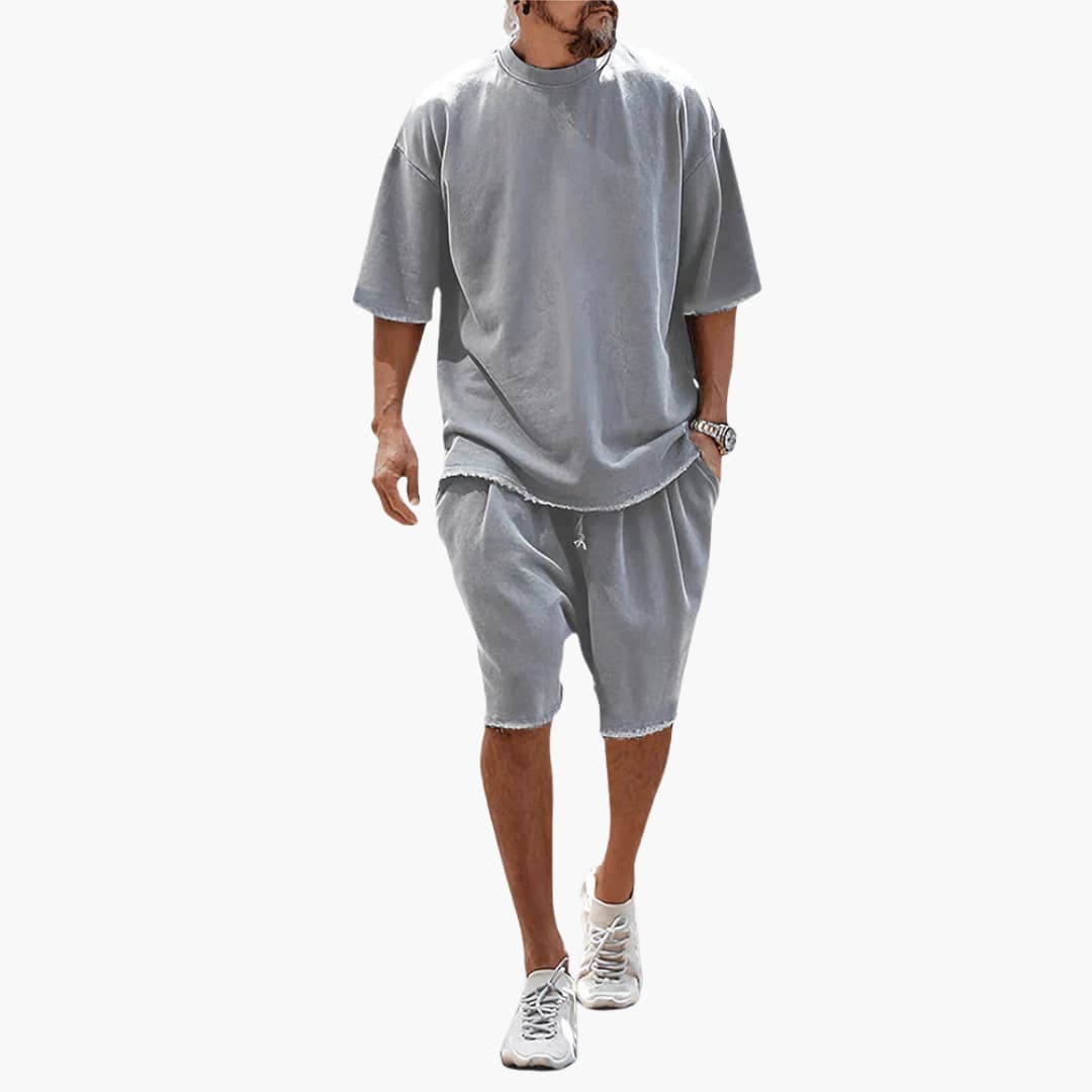 Men's light blue oversized short-sleeve shirt and drawstring shorts two-piece summer set